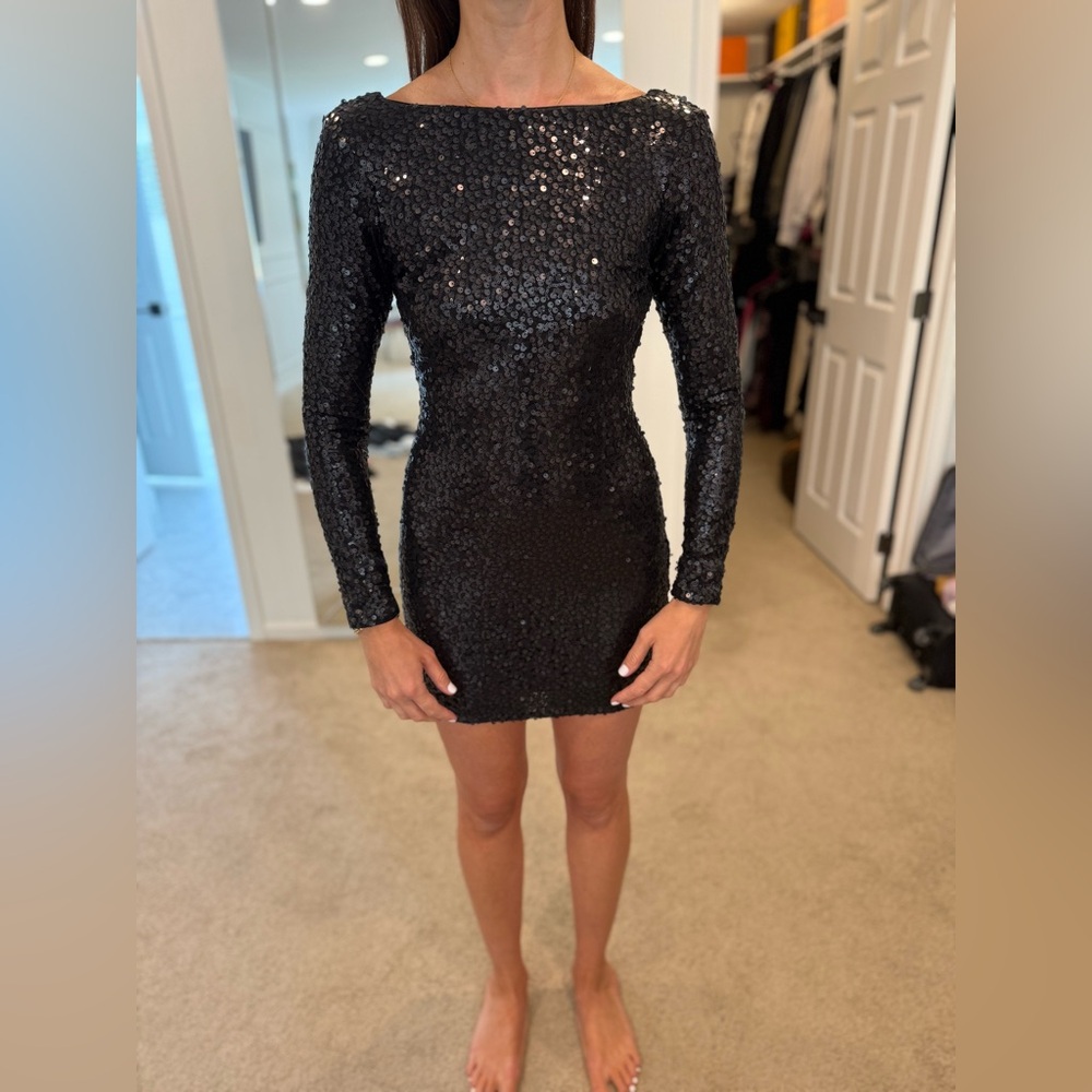 Dress the Population Midnight Black Sequin Long Sleeve Dress